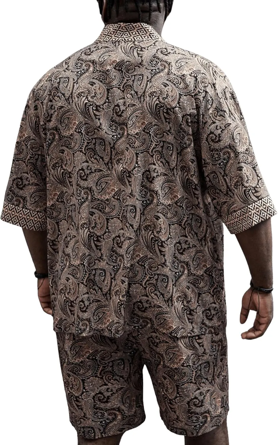 Men's Plus Size Hawaiian Matching Set Paisley Print Short Sleeve Kimono and Drawstring Waist Shorts Sets