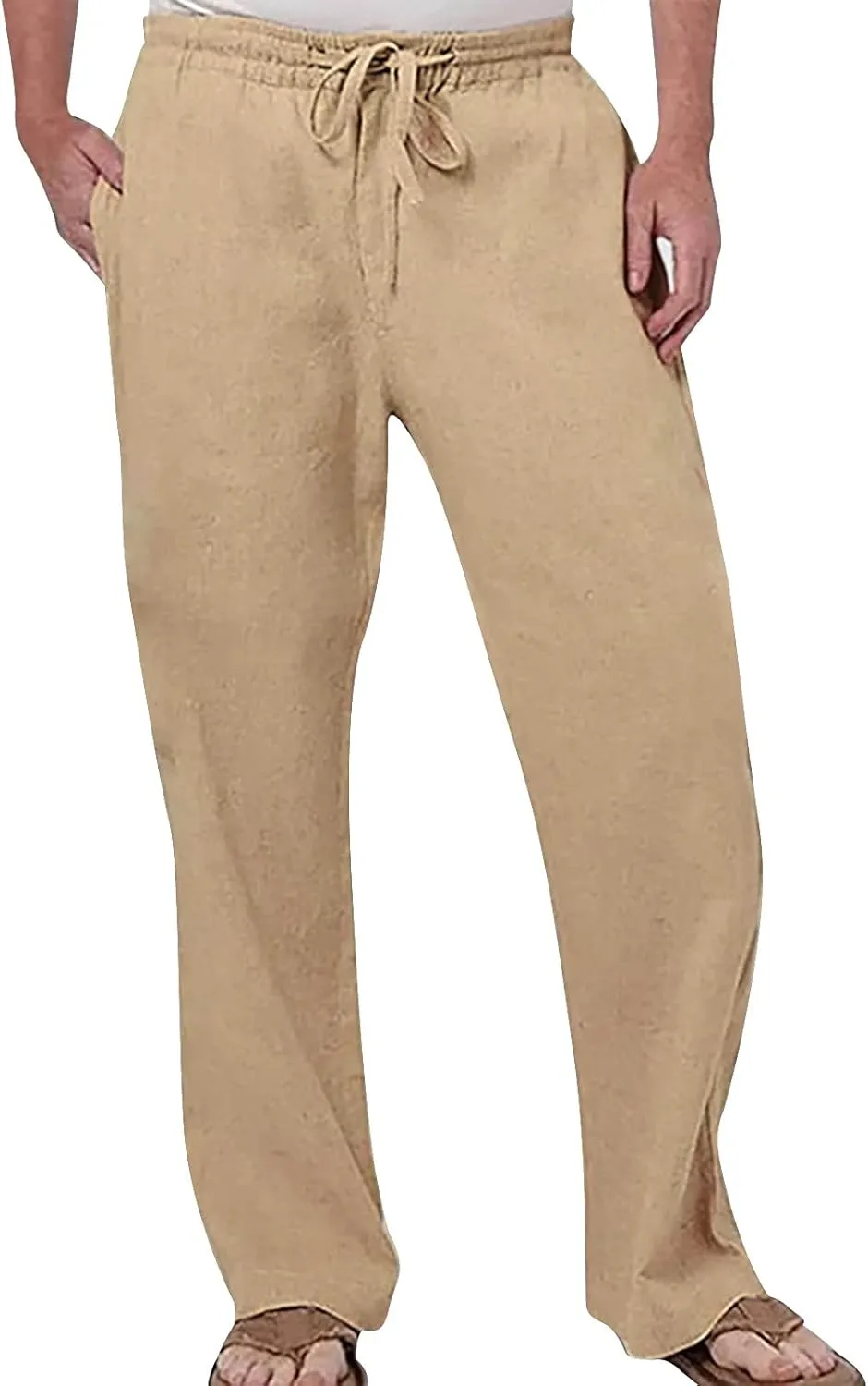 Mens Relaxed Fit Cargo Pants Mens Linen Pants Summer Casual Beach Yoga Pants Elastic Wasist Drawstring Lightweight Loose Trousers with Pockets Chino Pants