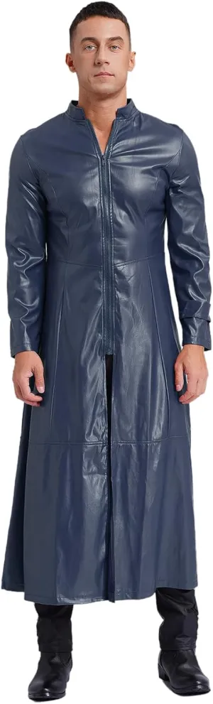 Mens Steampunk Gothic Stand Collar Long Coat Casual Wear Faux Leather Trench Coat Outfits