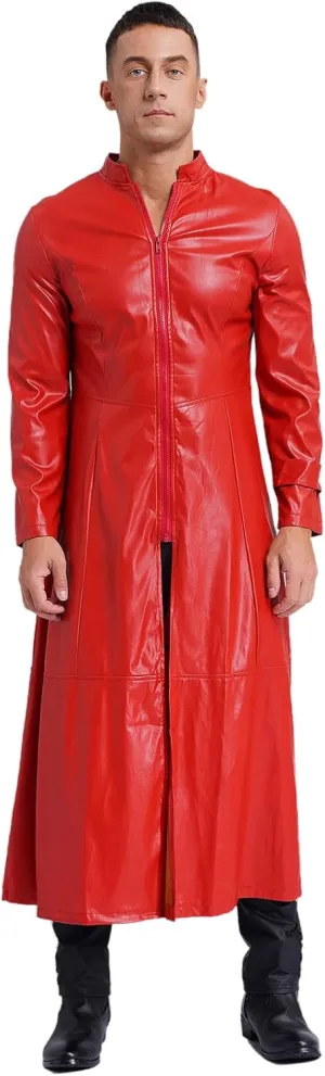 Mens Steampunk Gothic Stand Collar Long Coat Casual Wear Faux Leather Trench Coat Outfits