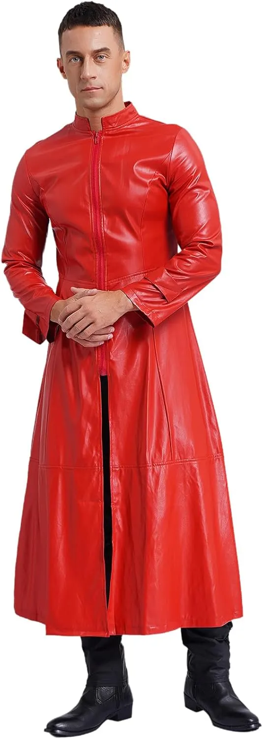 Mens Steampunk Gothic Stand Collar Long Coat Casual Wear Faux Leather Trench Coat Outfits