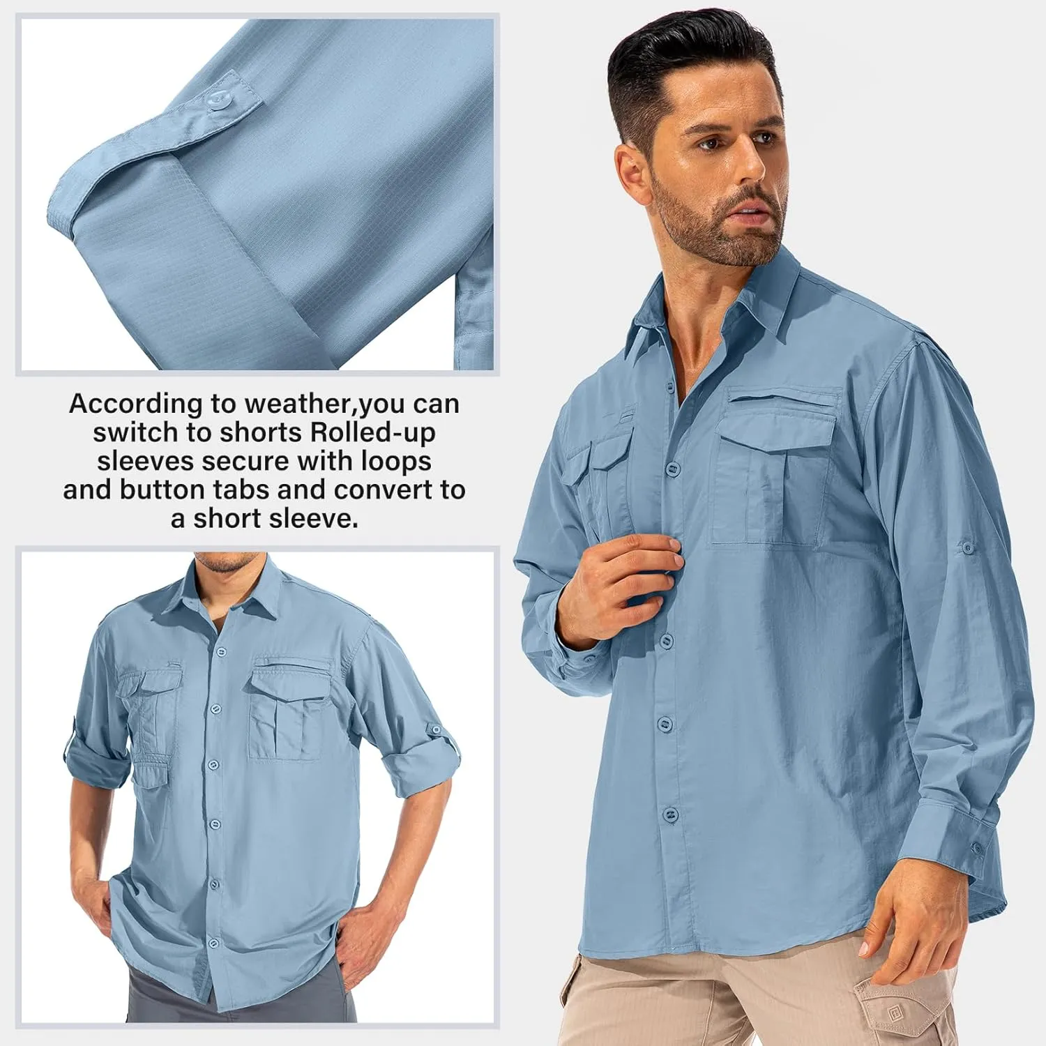 Men's Sun Protection Hiking Fishing Safari Shirt Long Sleeve Outdoor Cool Quick Dry Cargo Shirts