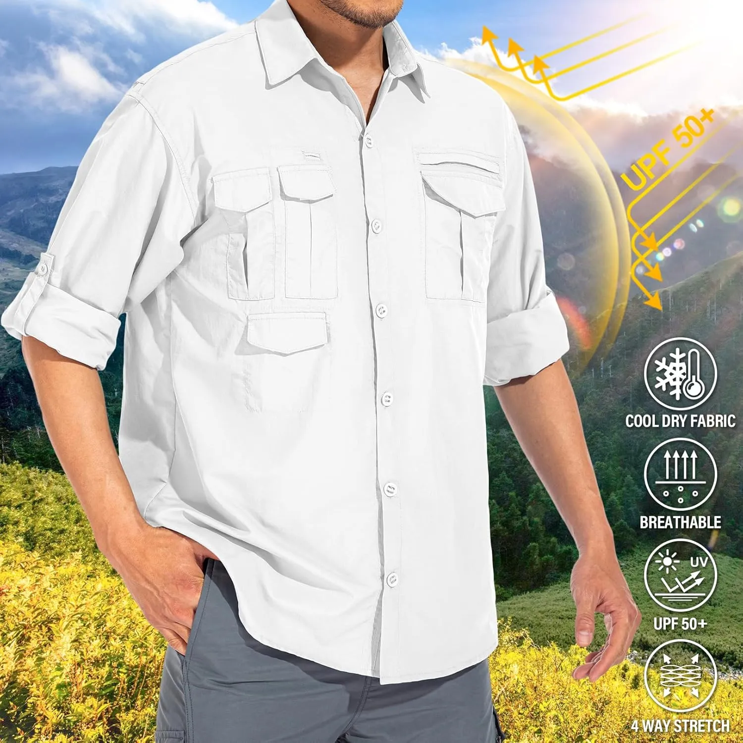 Men's Sun Protection Hiking Fishing Safari Shirt Long Sleeve Outdoor Cool Quick Dry Cargo Shirts