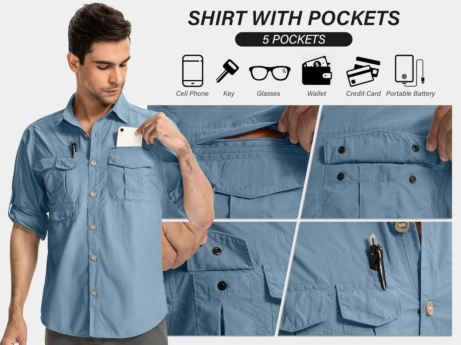 Men's Sun Protection Hiking Fishing Safari Shirt Long Sleeve Outdoor Cool Quick Dry Cargo Shirts