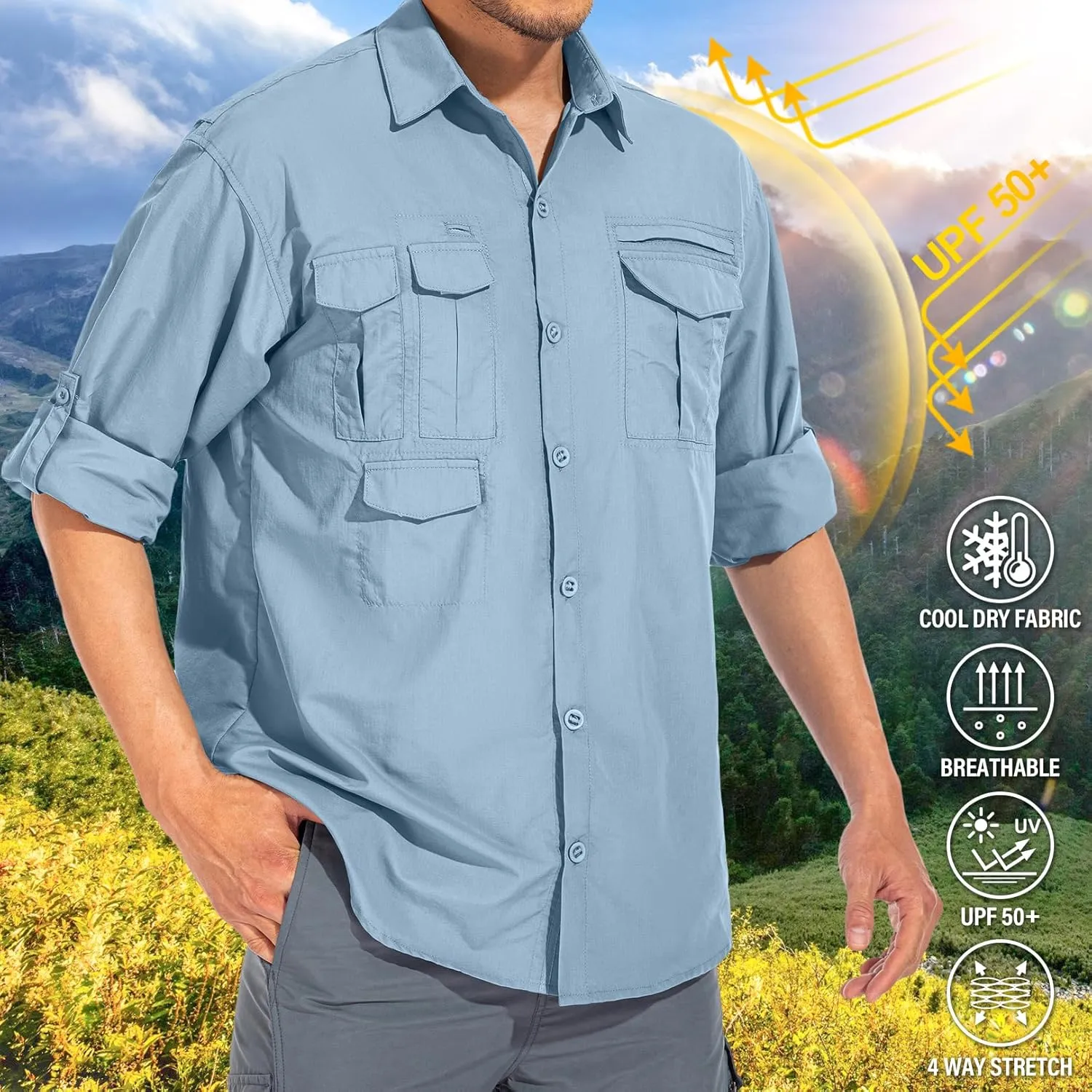 Men's Sun Protection Hiking Fishing Safari Shirt Long Sleeve Outdoor Cool Quick Dry Cargo Shirts