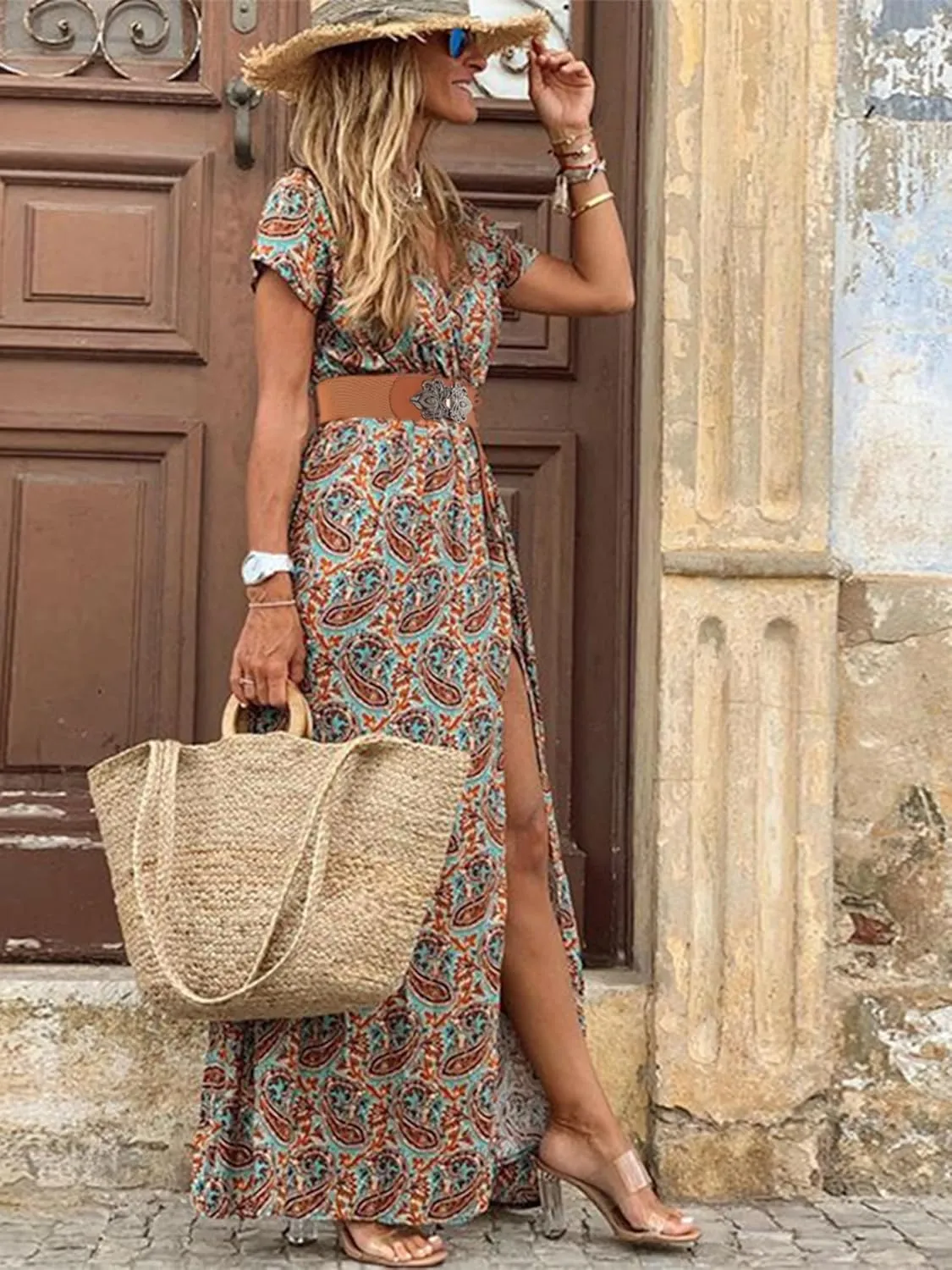 MessBebe Womens 2024 Summer Floral Maxi Dress Wrap V Neck Short Sleeve Beach Party Flowy Long Boho Dresses with Belt
