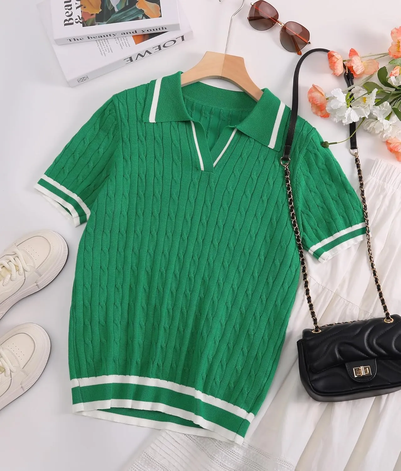 Micoson Womens Short Sleeve Sweater Tops Lapel V Neck Loose Shirts 2025 Summer Cable Knit Business Casual Outfits