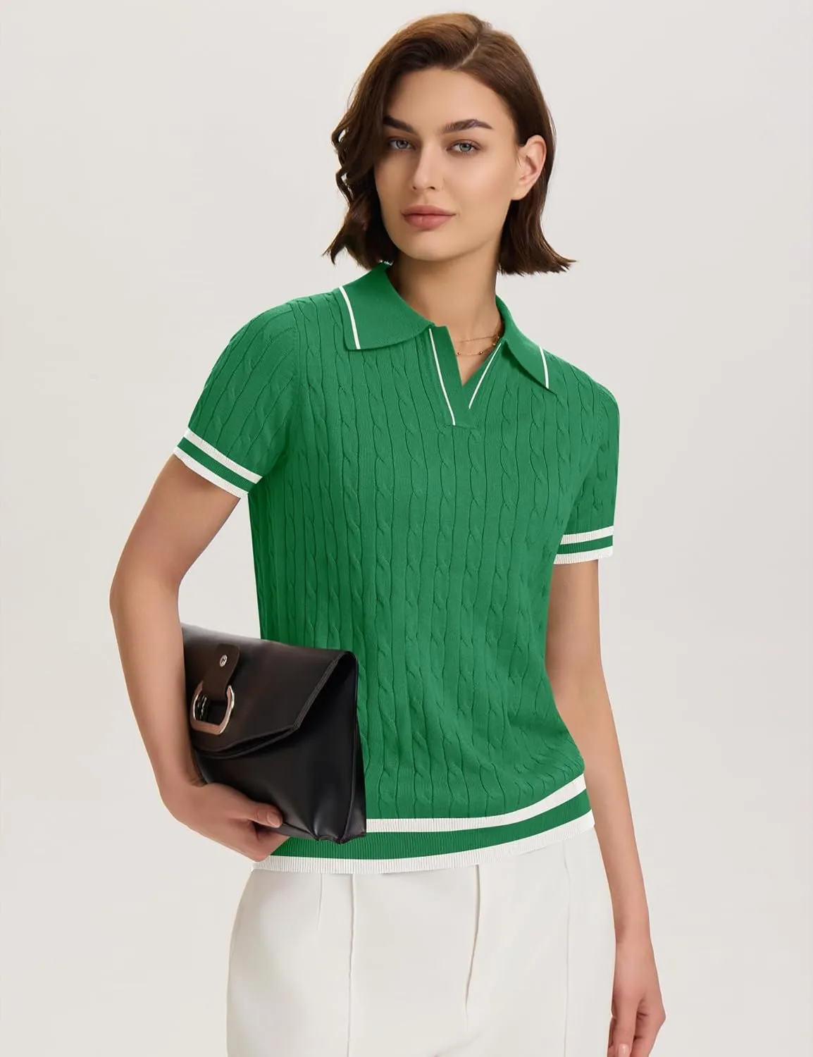 Micoson Womens Short Sleeve Sweater Tops Lapel V Neck Loose Shirts 2025 Summer Cable Knit Business Casual Outfits