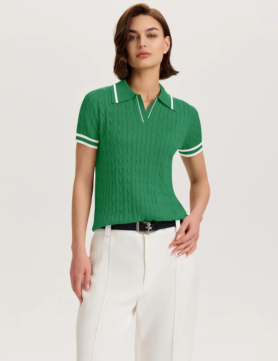 Micoson Womens Short Sleeve Sweater Tops Lapel V Neck Loose Shirts 2025 Summer Cable Knit Business Casual Outfits
