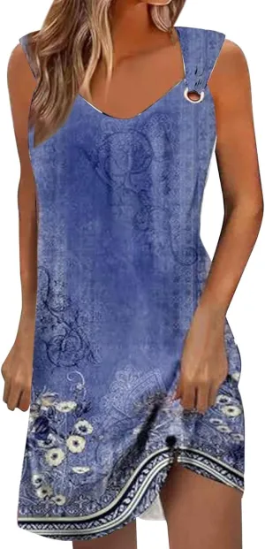 Midi Boho Dresses for Women Ring Straps Sleeveless Summer Casual Dress Sexy Elegant Beach Dress Flowy Mini Tank Dress