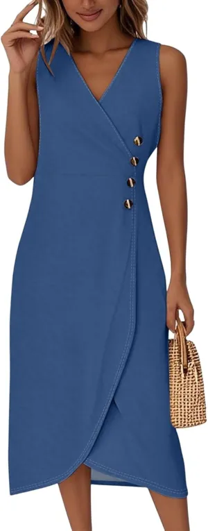 Midi Dresses for Women Formal V Neck Wrap Sleeveless Wedding Guest Dresses Summer Elegant Party Asymmetric Dress