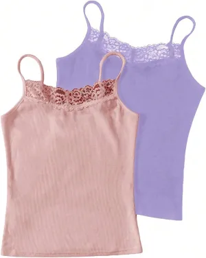 Milumia Girl's 2 Pieces Rib Knit Camisoles Lace Spaghetti Strap Cami Tank Tops