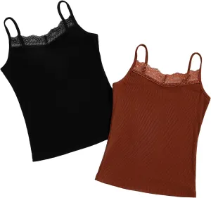 Milumia Girl's 2 Pieces Rib Knit Camisoles Lace Spaghetti Strap Cami Tank Tops