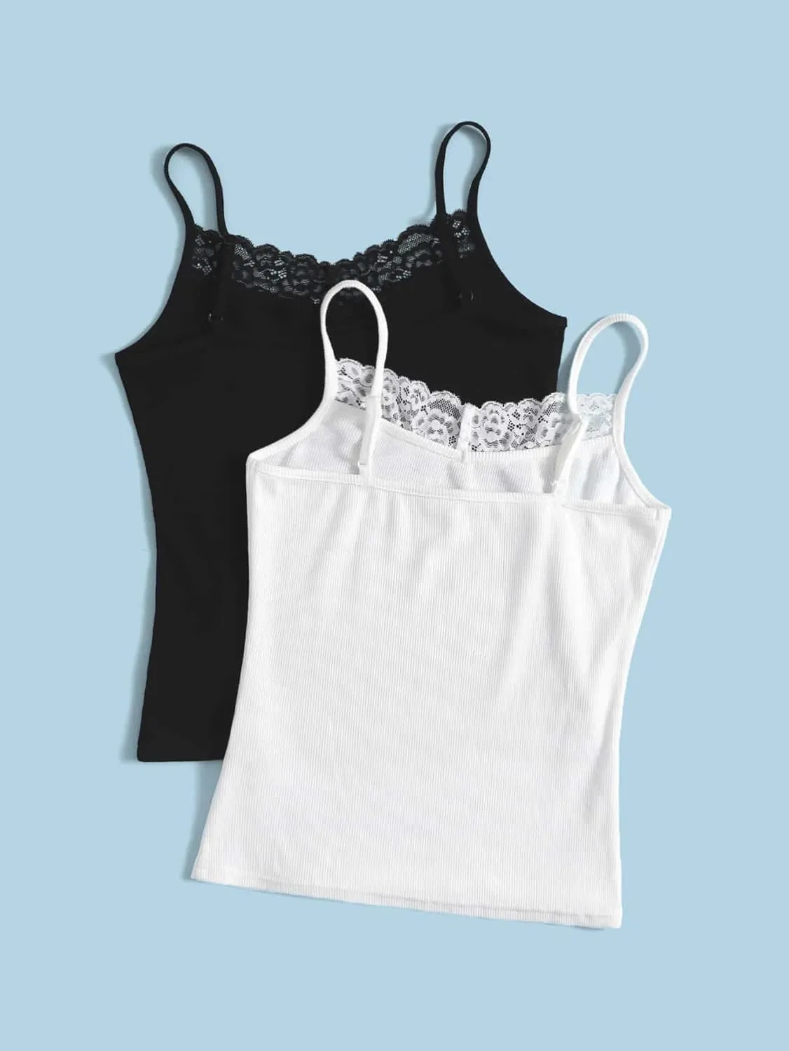 Milumia Girl's 2 Pieces Rib Knit Camisoles Lace Spaghetti Strap Cami Tank Tops