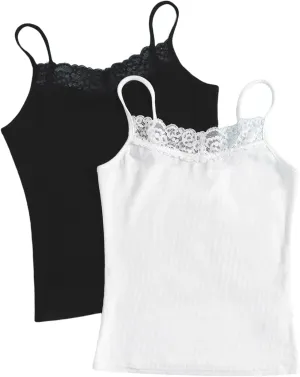 Milumia Girl's 2 Pieces Rib Knit Camisoles Lace Spaghetti Strap Cami Tank Tops