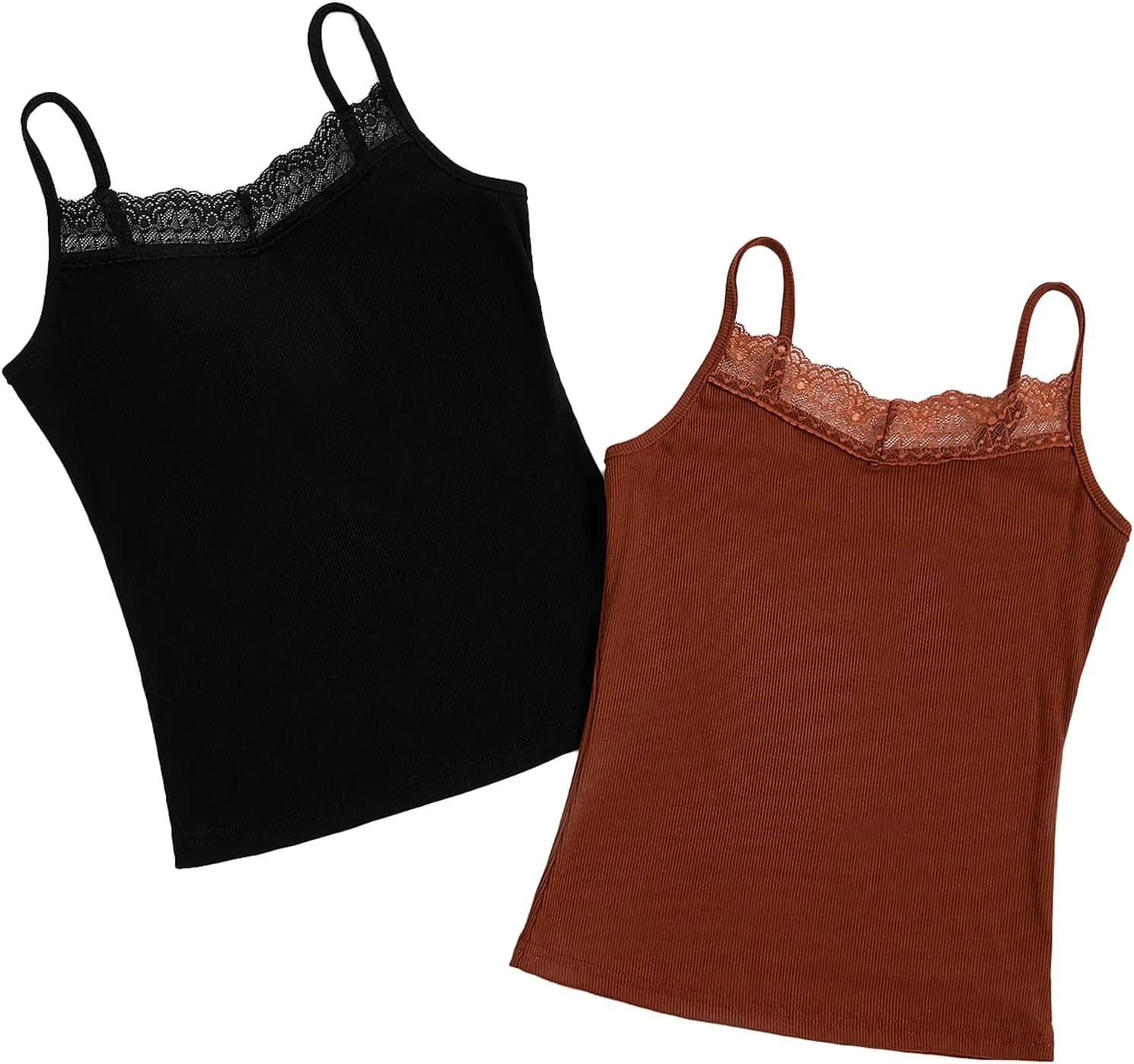 Milumia Girl's 2 Pieces Rib Knit Camisoles Lace Spaghetti Strap Cami Tank Tops