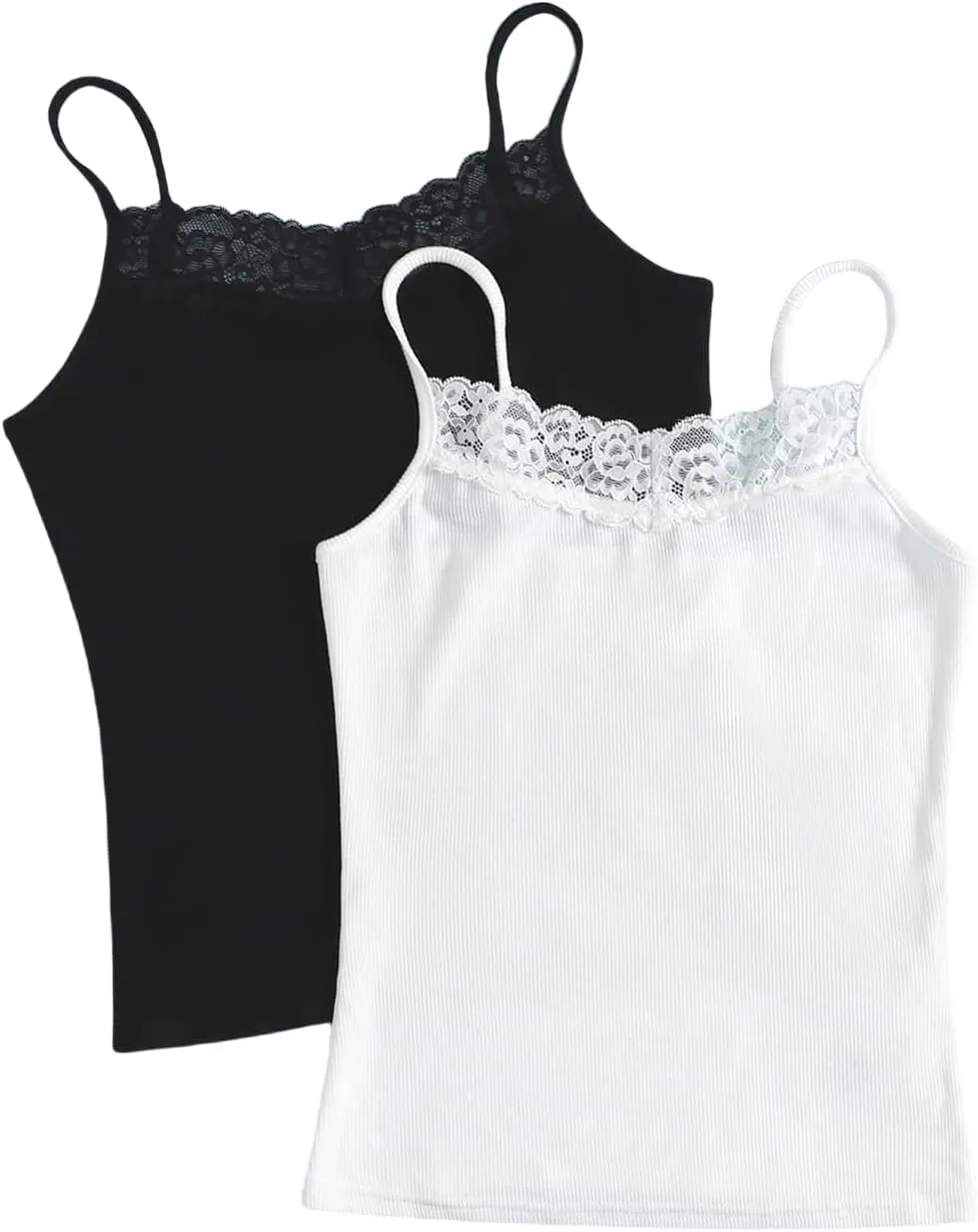 Milumia Girl's 2 Pieces Rib Knit Camisoles Lace Spaghetti Strap Cami Tank Tops