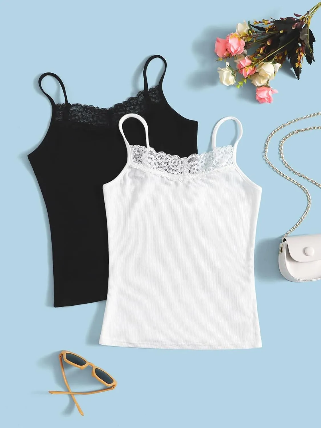 Milumia Girl's 2 Pieces Rib Knit Camisoles Lace Spaghetti Strap Cami Tank Tops