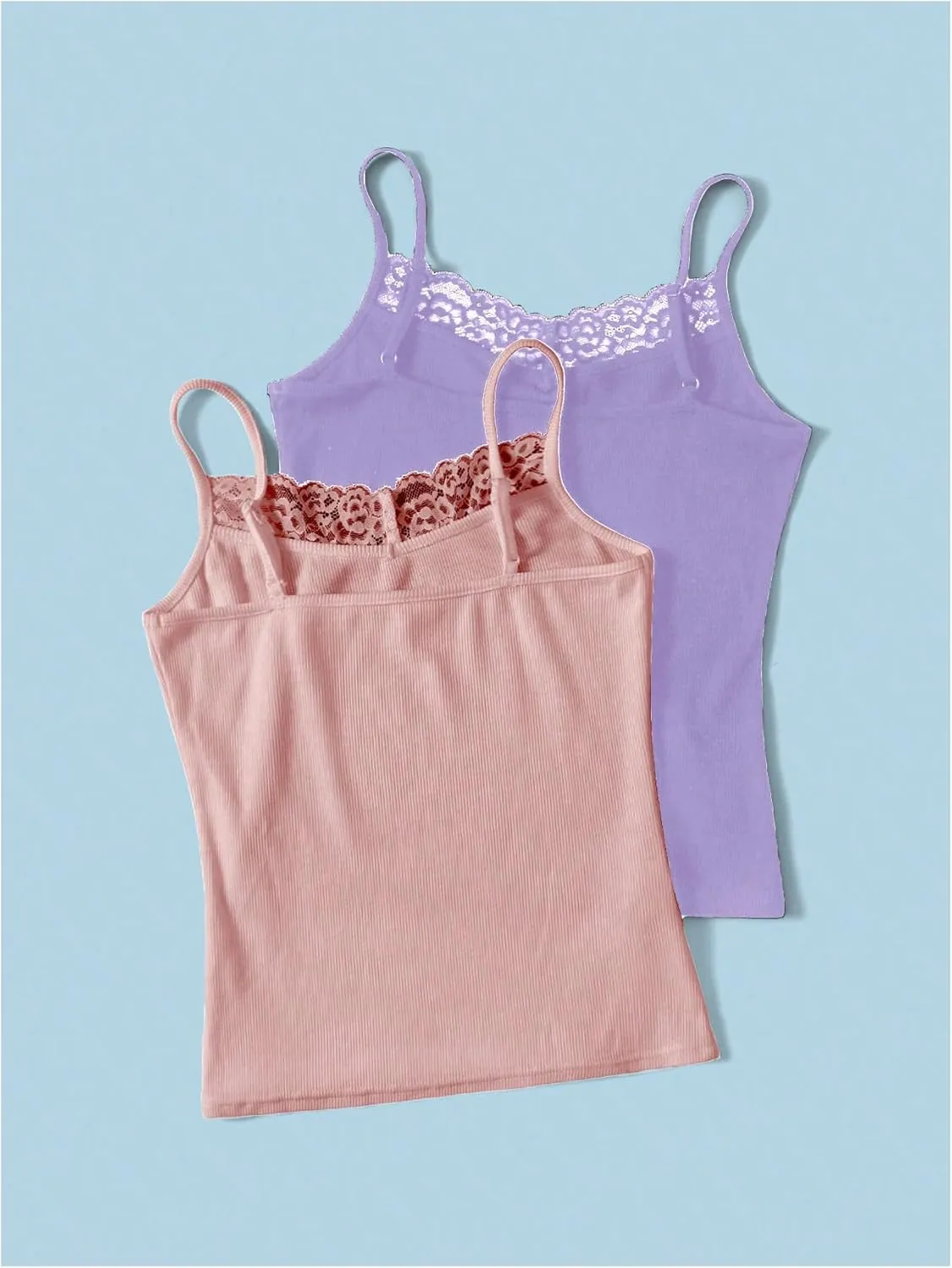 Milumia Girl's 2 Pieces Rib Knit Camisoles Lace Spaghetti Strap Cami Tank Tops