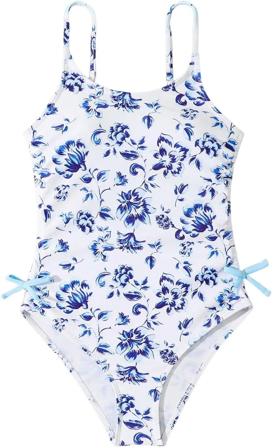 Milumia Girl's Floral One Piece Swimwear Bow Tie Side Spaghetti Strap Swimsuits