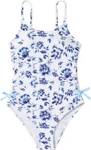 Milumia Girl's Floral One Piece Swimwear Bow Tie Side Spaghetti Strap Swimsuits