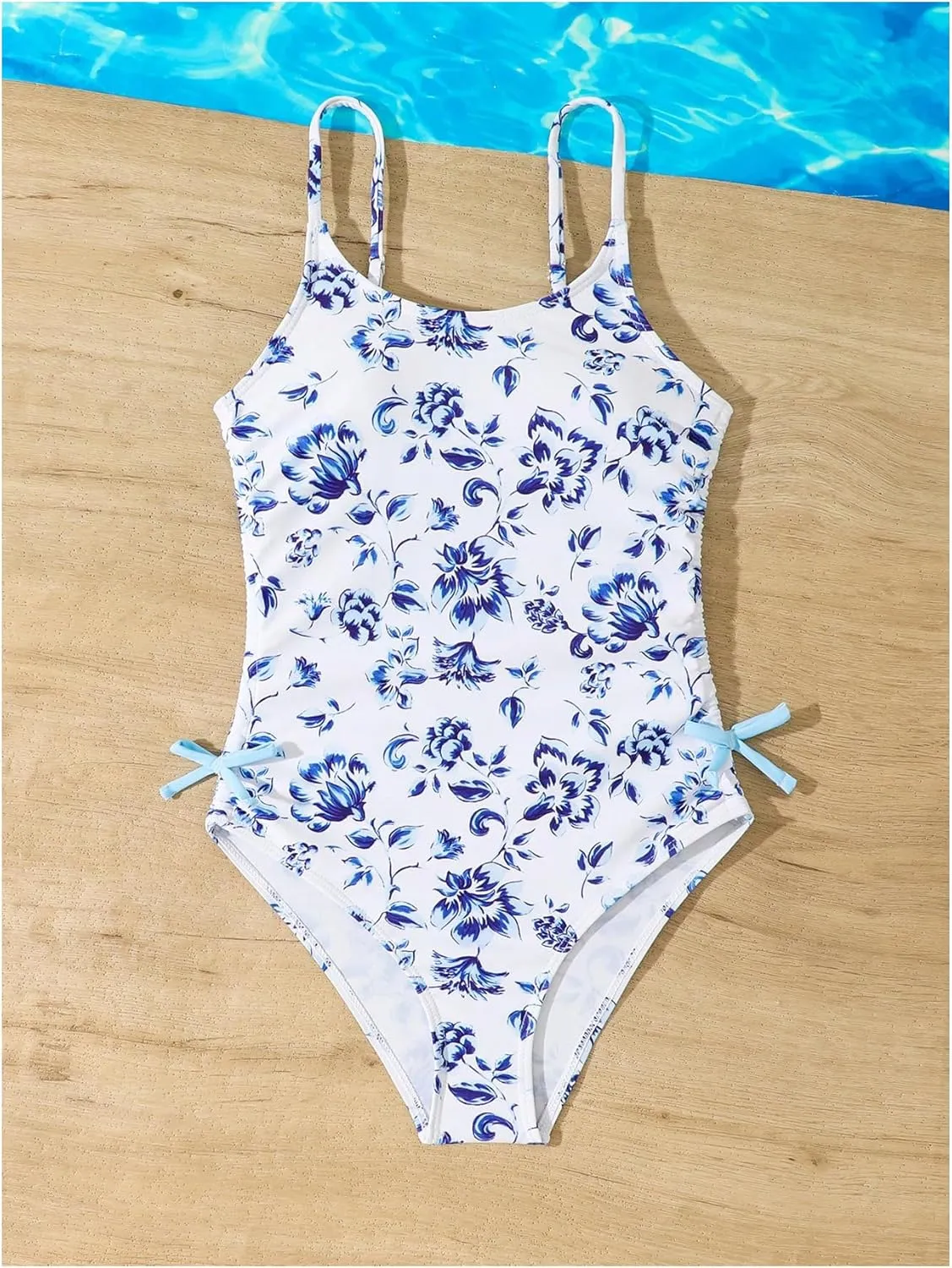Milumia Girl's Floral One Piece Swimwear Bow Tie Side Spaghetti Strap Swimsuits