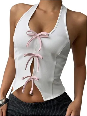 Milumia Women's Backless Halter Crop Top Y2K Bow Front Cut Out Sleeveless Going Out Tank Tops