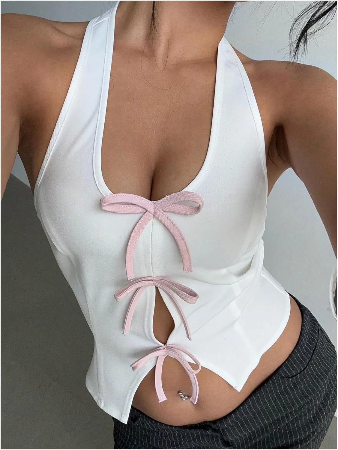 Milumia Women's Backless Halter Crop Top Y2K Bow Front Cut Out Sleeveless Going Out Tank Tops