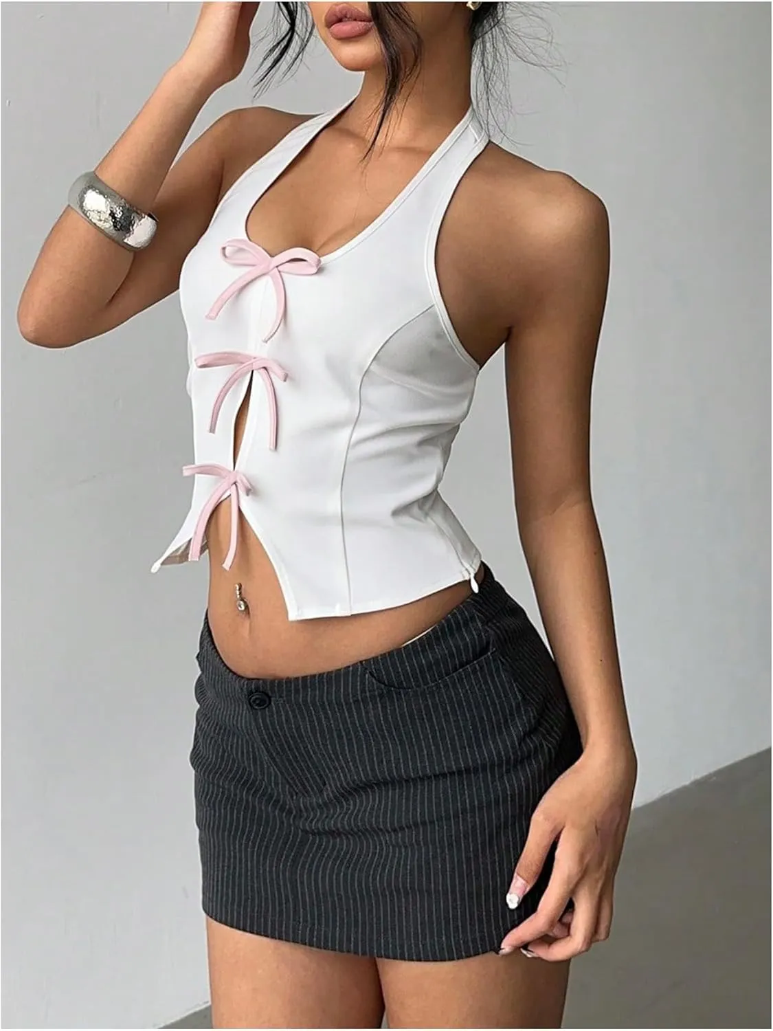 Milumia Women's Backless Halter Crop Top Y2K Bow Front Cut Out Sleeveless Going Out Tank Tops