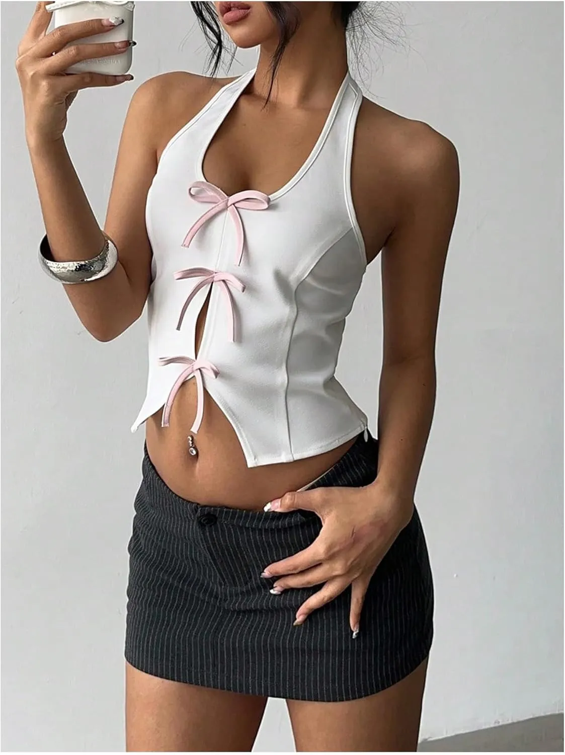 Milumia Women's Backless Halter Crop Top Y2K Bow Front Cut Out Sleeveless Going Out Tank Tops