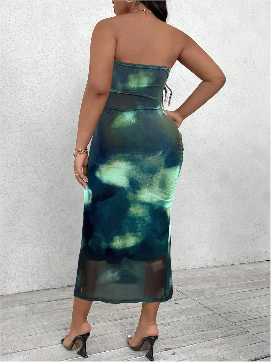 Milumia Women's Plus Size Tie Dye Ruch Strapless Tube Dress Bodycon Midi Dresses