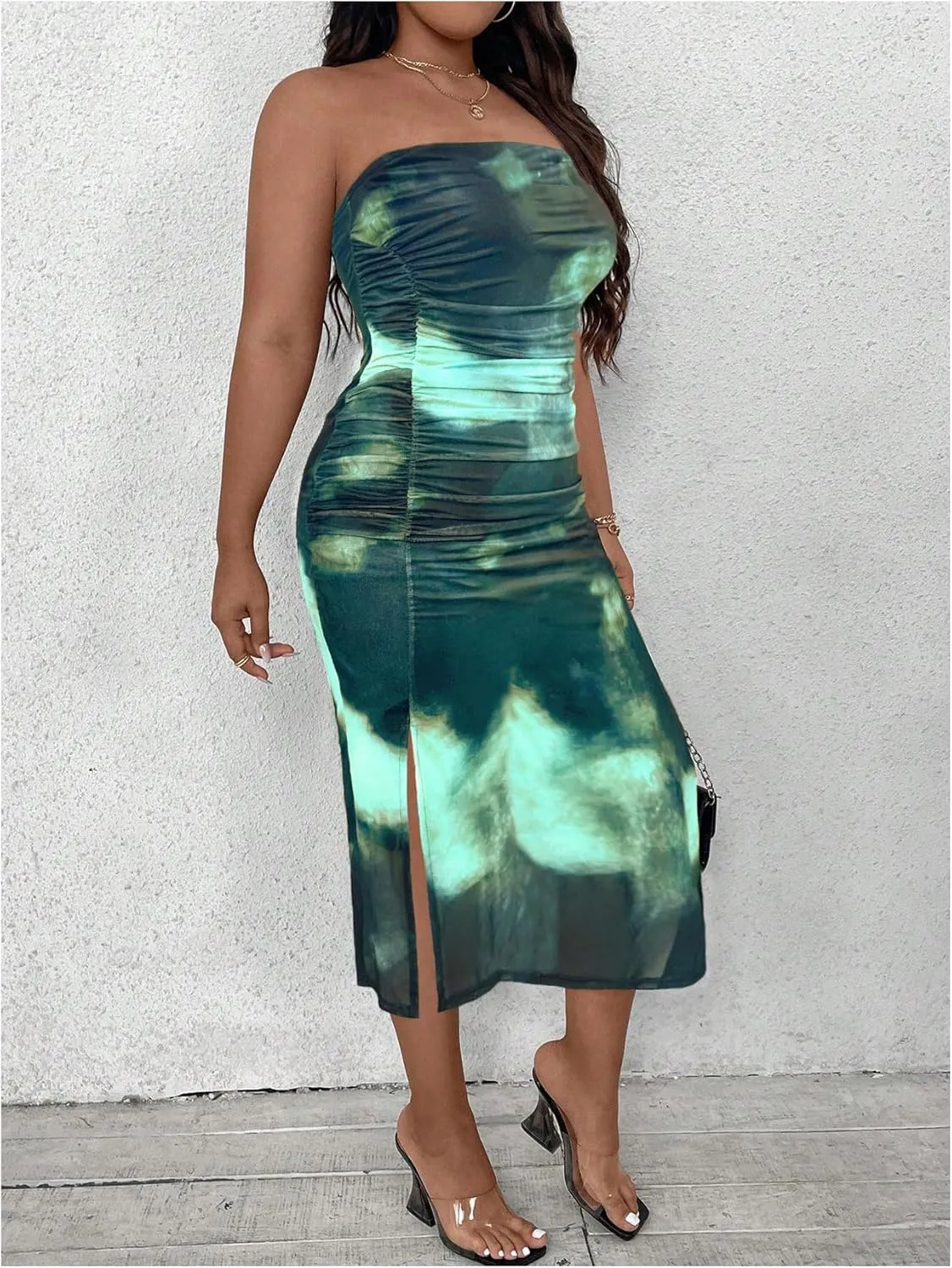 Milumia Women's Plus Size Tie Dye Ruch Strapless Tube Dress Bodycon Midi Dresses