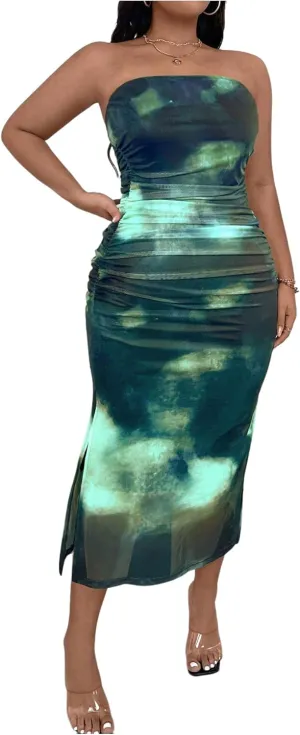 Milumia Women's Plus Size Tie Dye Ruch Strapless Tube Dress Bodycon Midi Dresses