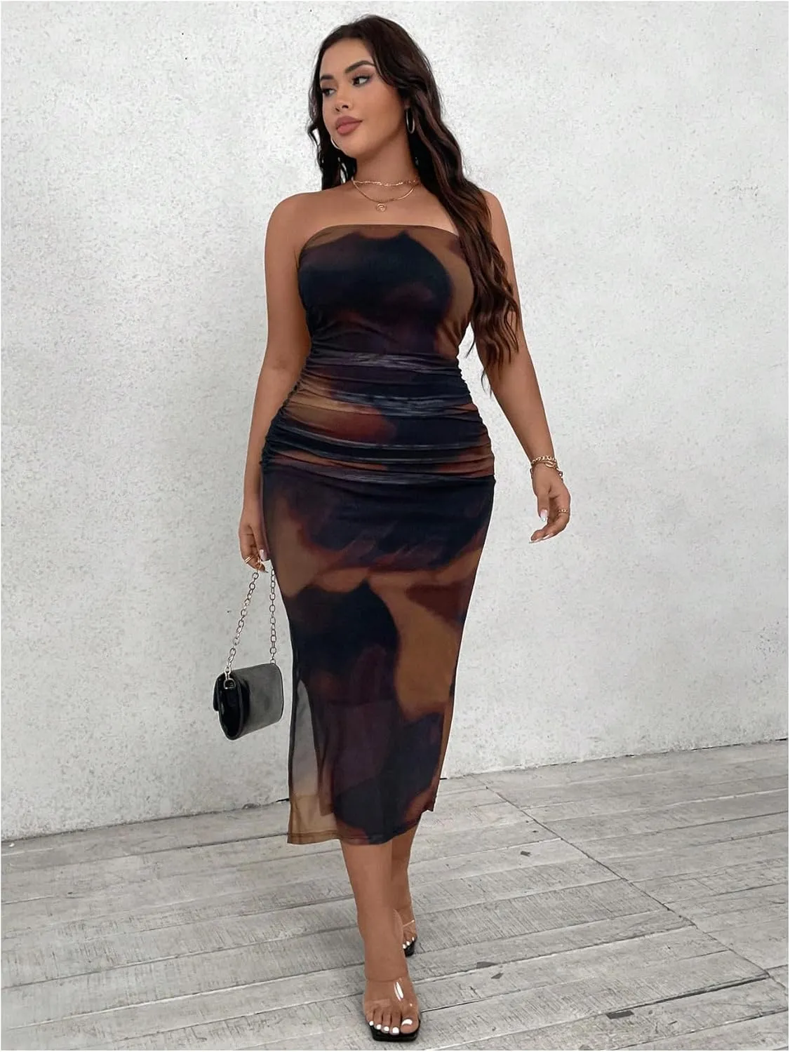 Milumia Women's Plus Size Tie Dye Ruch Strapless Tube Dress Bodycon Midi Dresses