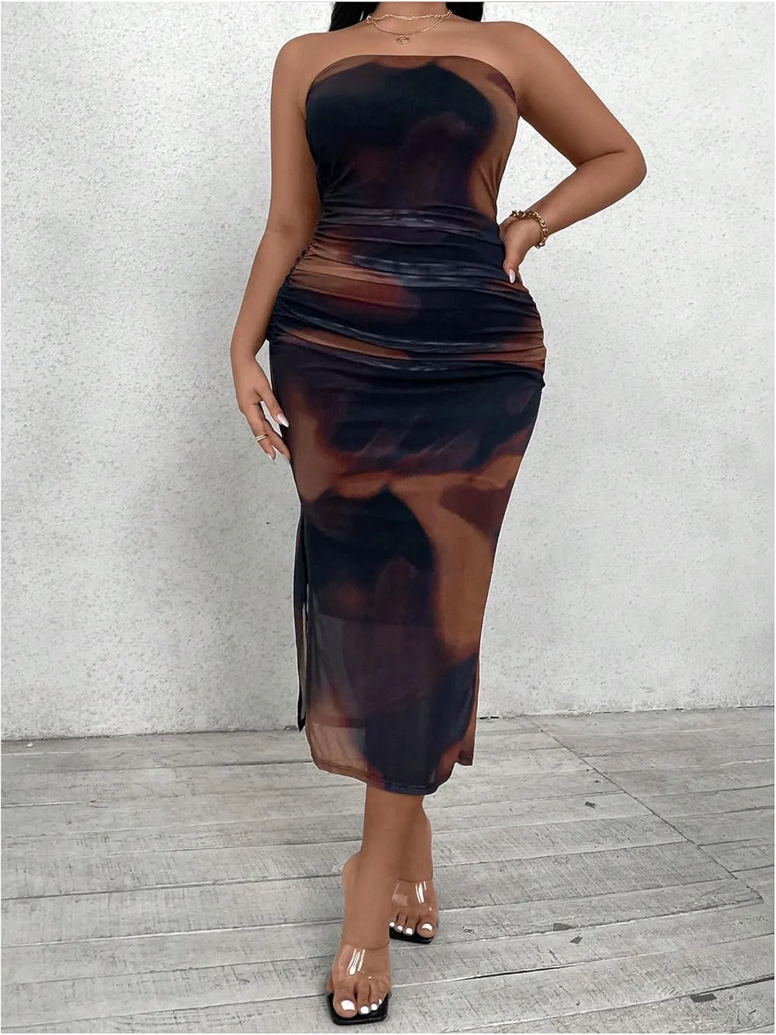 Milumia Women's Plus Size Tie Dye Ruch Strapless Tube Dress Bodycon Midi Dresses