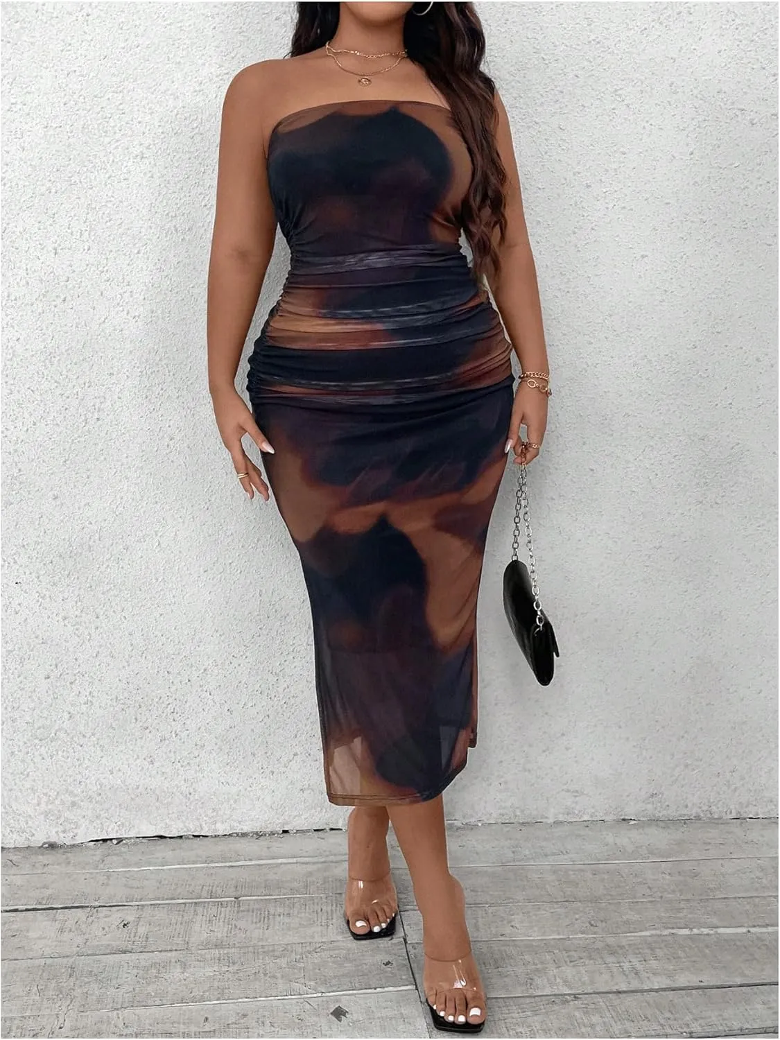 Milumia Women's Plus Size Tie Dye Ruch Strapless Tube Dress Bodycon Midi Dresses