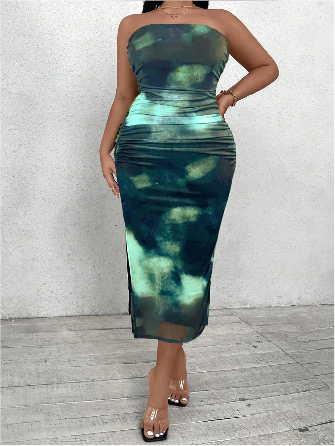 Milumia Women's Plus Size Tie Dye Ruch Strapless Tube Dress Bodycon Midi Dresses