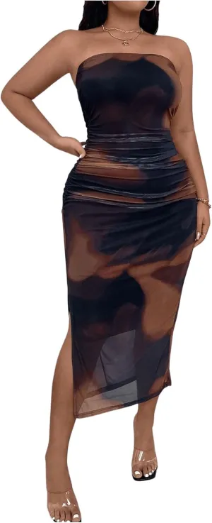 Milumia Women's Plus Size Tie Dye Ruch Strapless Tube Dress Bodycon Midi Dresses