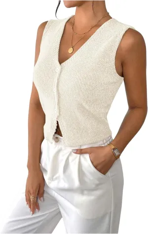 Milumia Women's Textured Button Down V Neck Vest Top Split Hem Sleeveless Tank Tops