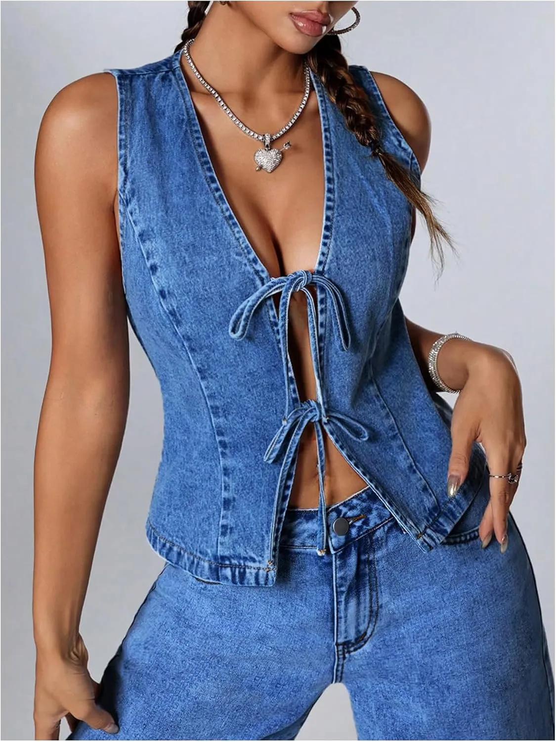 Milumia Women's Tie Bow Front Deep V Neck Denim Vest Sleeveless Jean Jacket