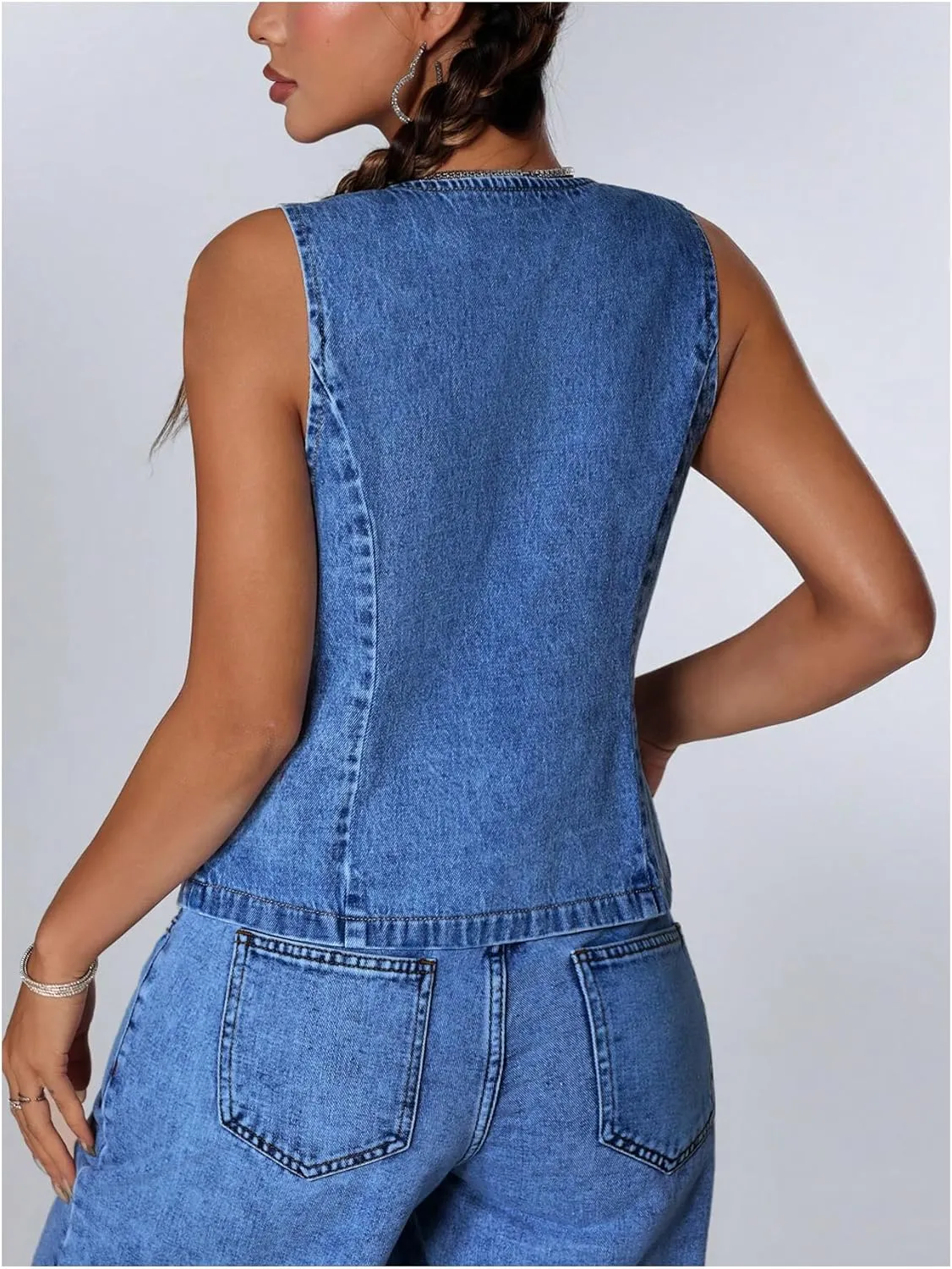 Milumia Women's Tie Bow Front Deep V Neck Denim Vest Sleeveless Jean Jacket