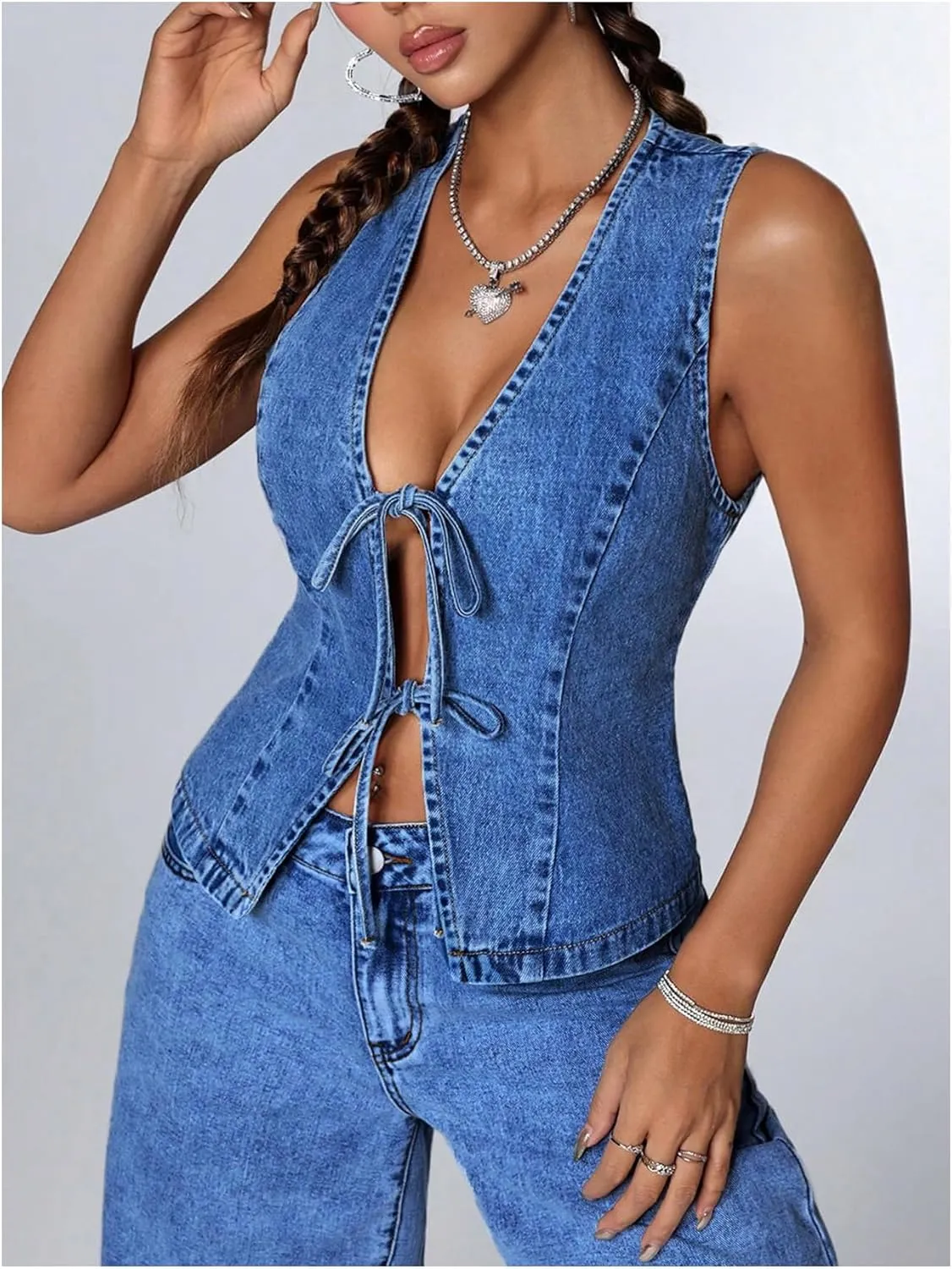 Milumia Women's Tie Bow Front Deep V Neck Denim Vest Sleeveless Jean Jacket