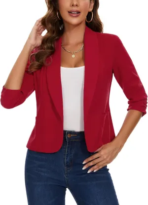 MINTLIMIT Womens 3/4 Sleeve Lightweight Office Work Suit Stretchy Jacket Draped Lapel Blazer with Pockets (Red, Size M)