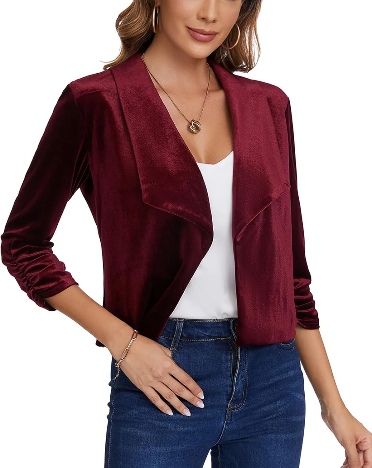 MINTLIMIT Women's Casual Velvet Blazer Jackets 3/4 Ruched Sleeve Shawl Collar Draped Open Front Spring Short Velvet Blazers