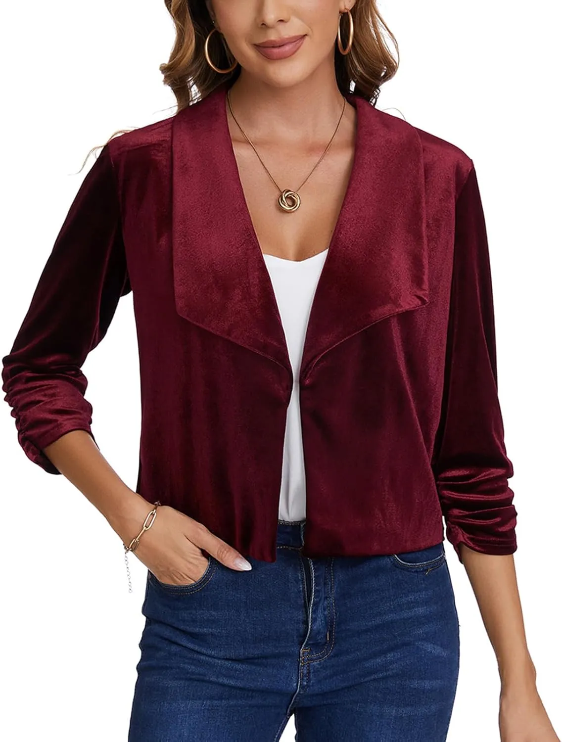MINTLIMIT Women's Casual Velvet Blazer Jackets 3/4 Ruched Sleeve Shawl Collar Draped Open Front Spring Short Velvet Blazers