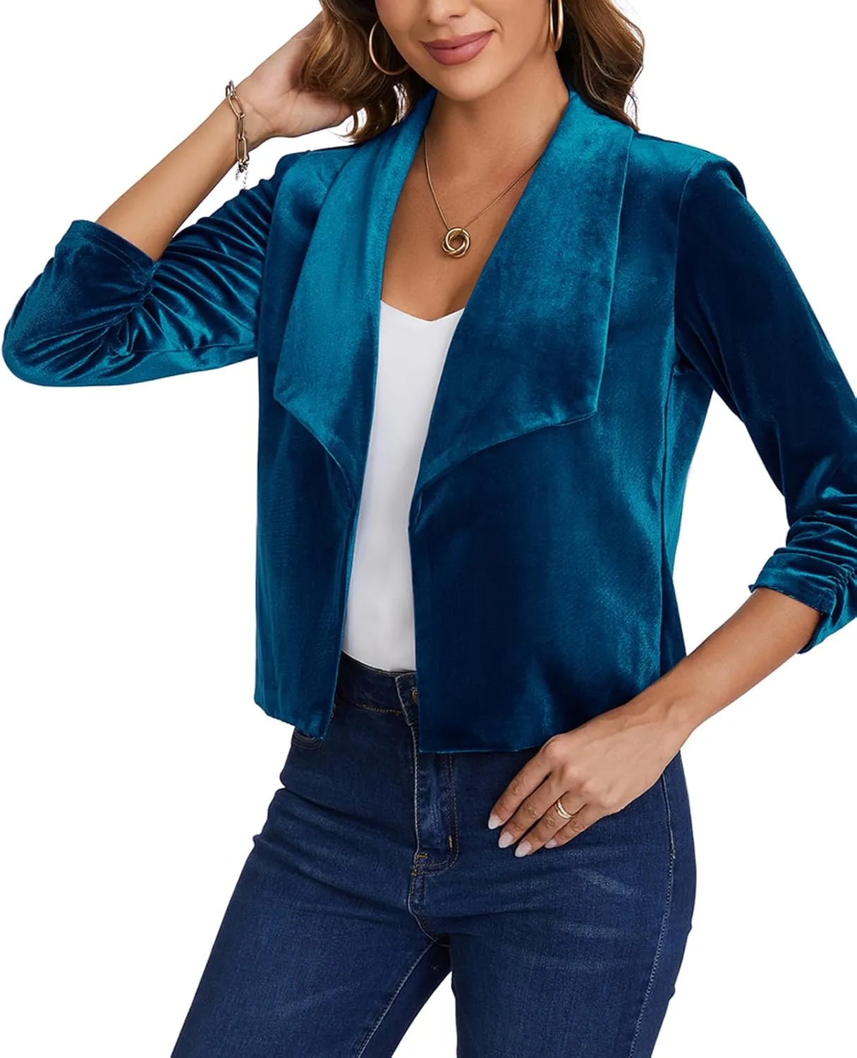 MINTLIMIT Women's Casual Velvet Blazer Jackets 3/4 Ruched Sleeve Shawl Collar Draped Open Front Spring Short Velvet Blazers