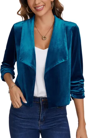 MINTLIMIT Women's Casual Velvet Blazer Jackets 3/4 Ruched Sleeve Shawl Collar Draped Open Front Spring Short Velvet Blazers