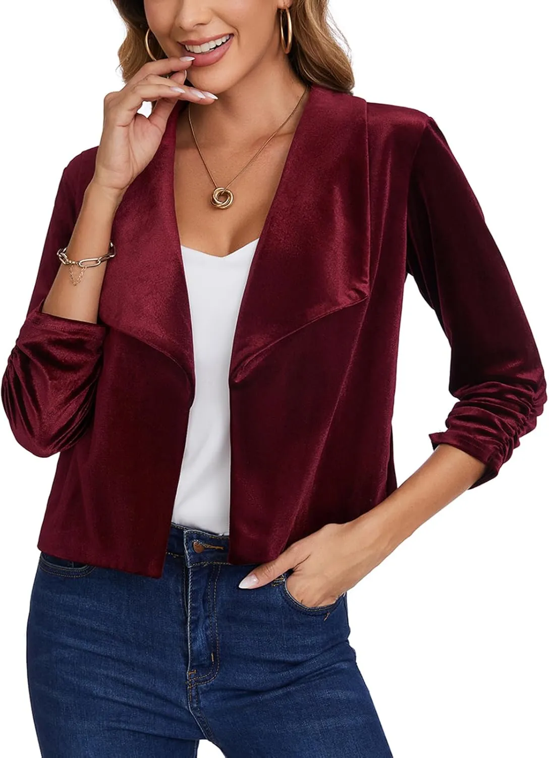 MINTLIMIT Women's Casual Velvet Blazer Jackets 3/4 Ruched Sleeve Shawl Collar Draped Open Front Spring Short Velvet Blazers