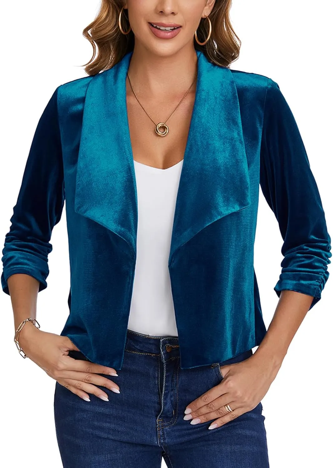 MINTLIMIT Women's Casual Velvet Blazer Jackets 3/4 Ruched Sleeve Shawl Collar Draped Open Front Spring Short Velvet Blazers