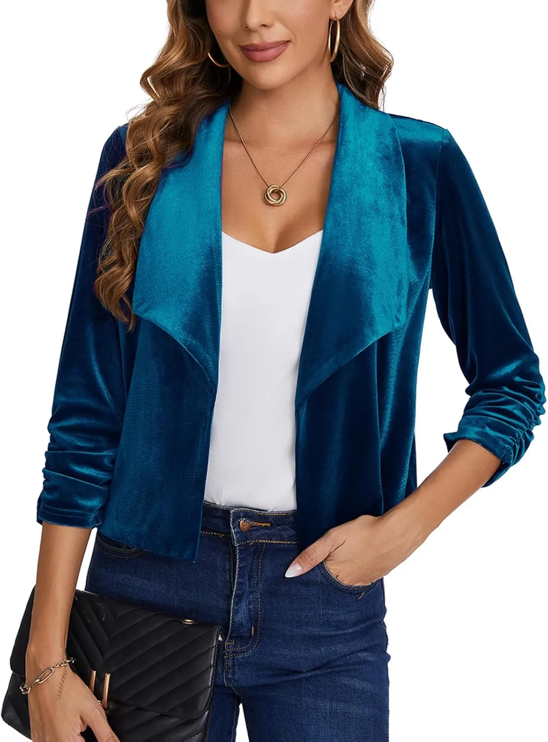 MINTLIMIT Women's Casual Velvet Blazer Jackets 3/4 Ruched Sleeve Shawl Collar Draped Open Front Spring Short Velvet Blazers